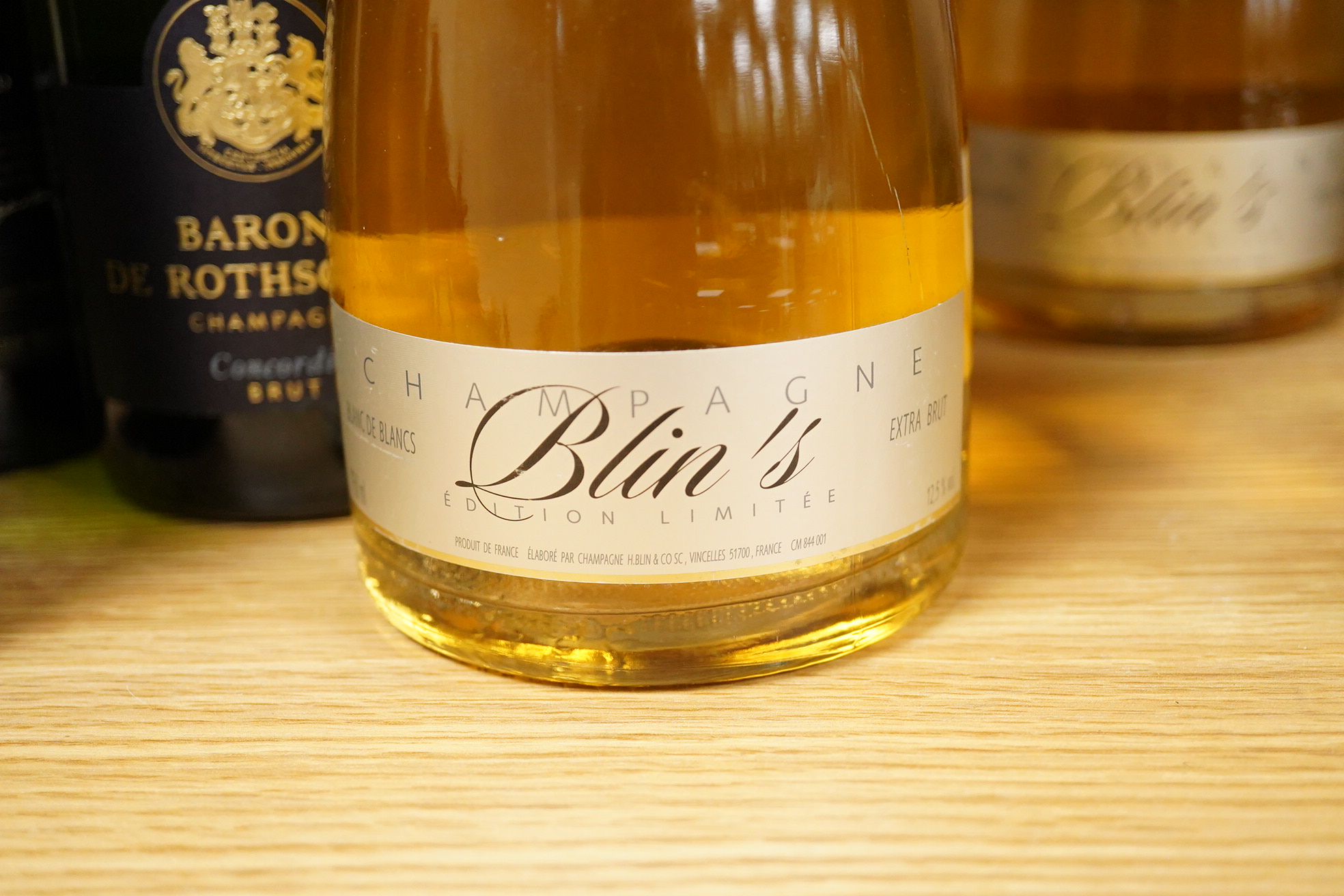 Three bottles of Barons de Rothschild NV Champagne and three bottles of Blin’s blanc de blanc Champagne.